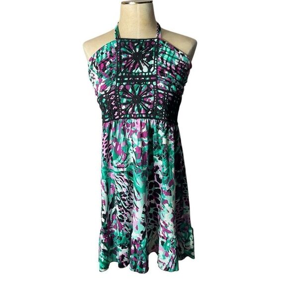 Susie Rose Womens Multicolor Floral Crochet Halter Neck Ruffle Dress Large - Picture 1 of 9